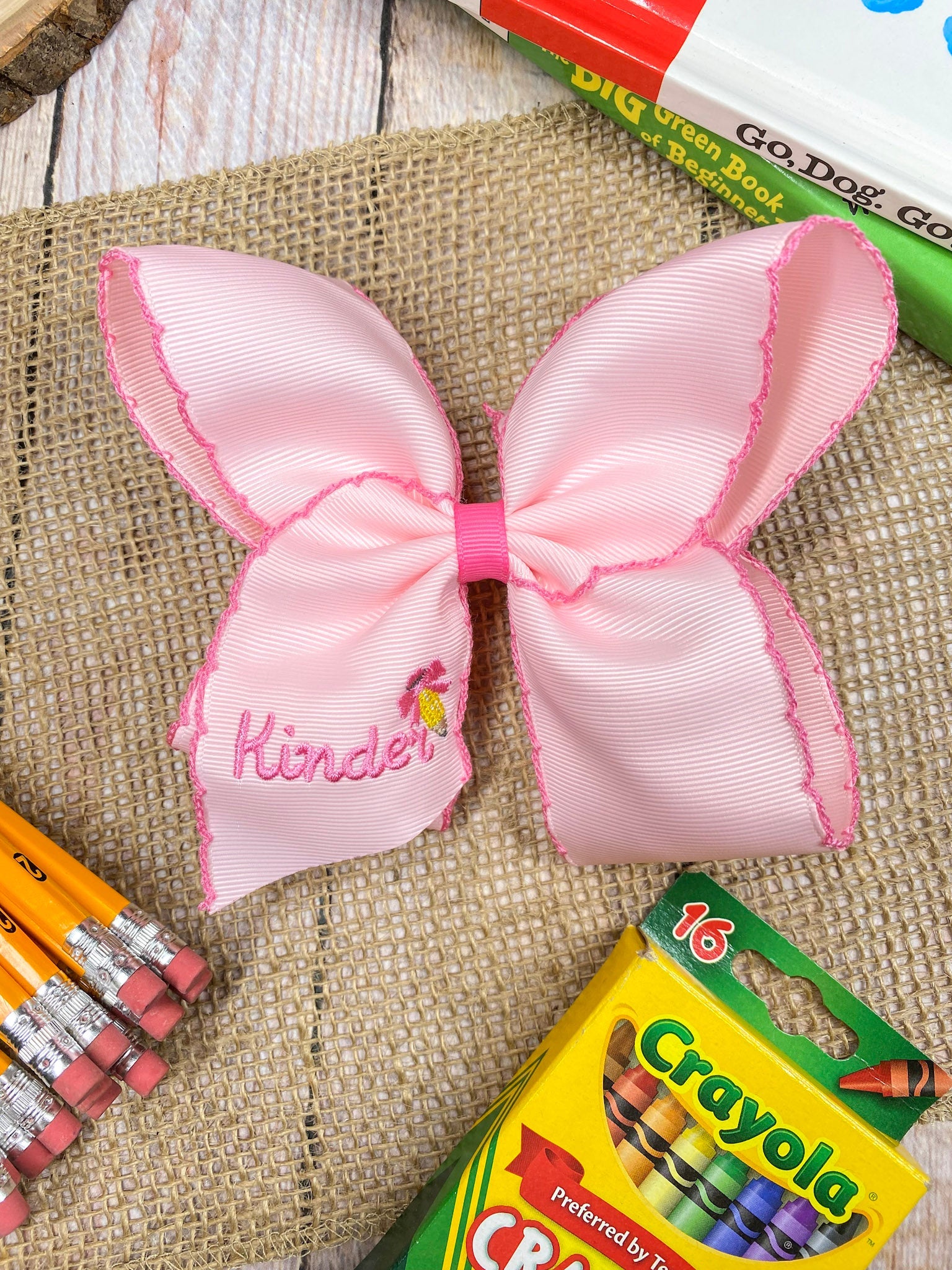 School Grade Embroidered Pencil Moonstitch Bow | Pre-K to 5th Grade