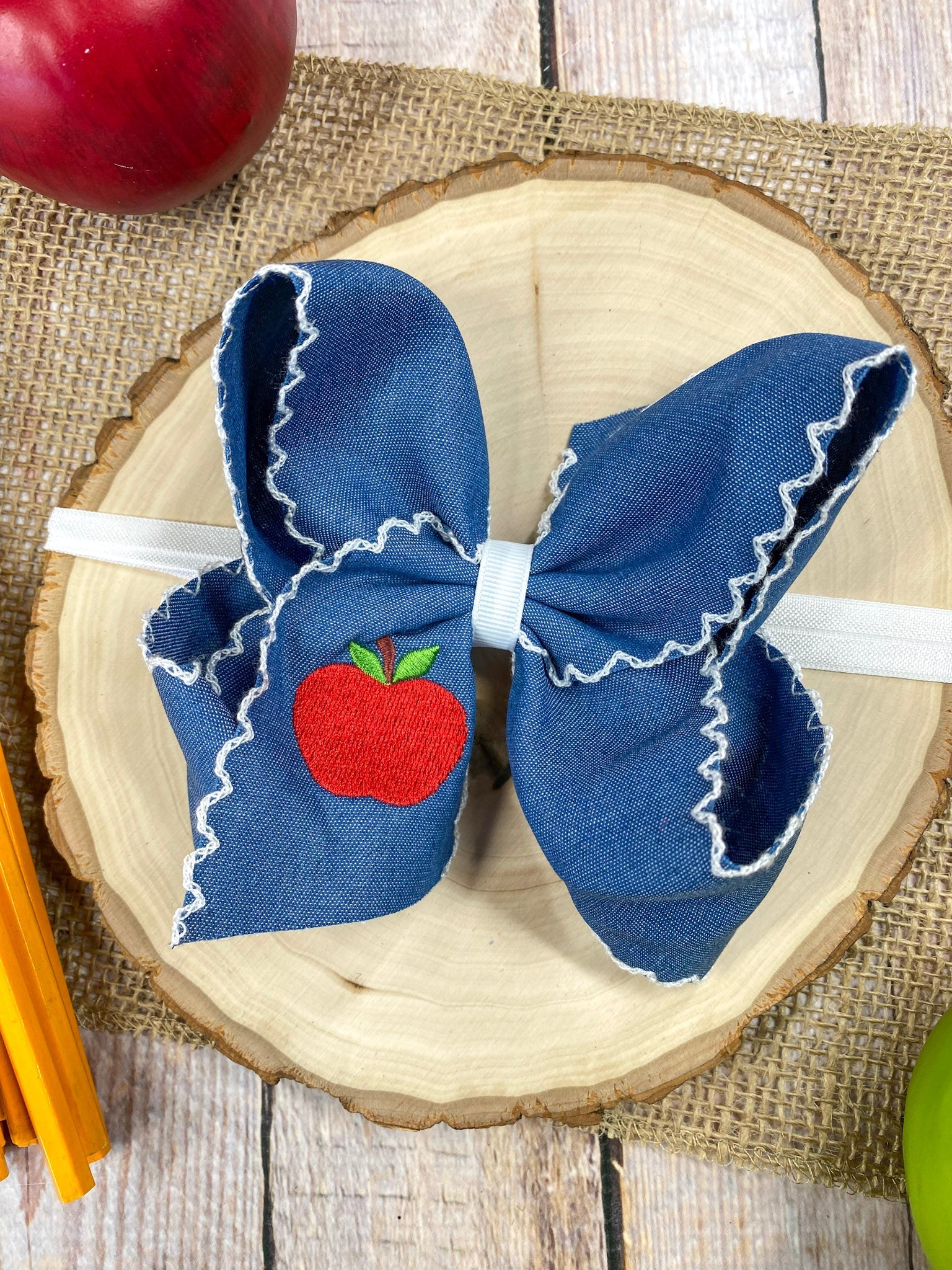 Denim Apple Embroidered Moonstitch Hair Bow | Clip or Headband