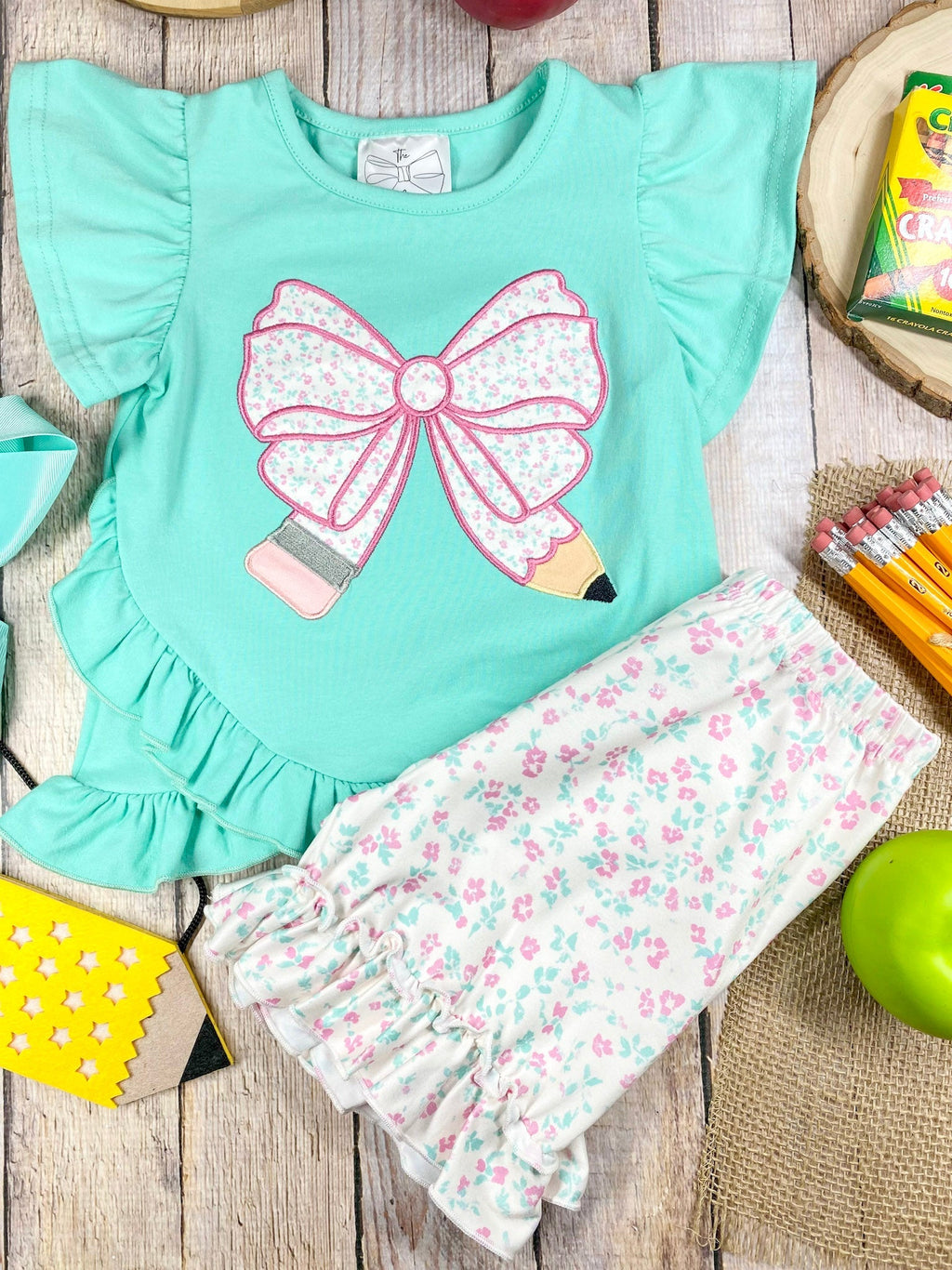 Mint Floral Bow Pencil Ruffle Shorts Set | Girls Back to School Outfit