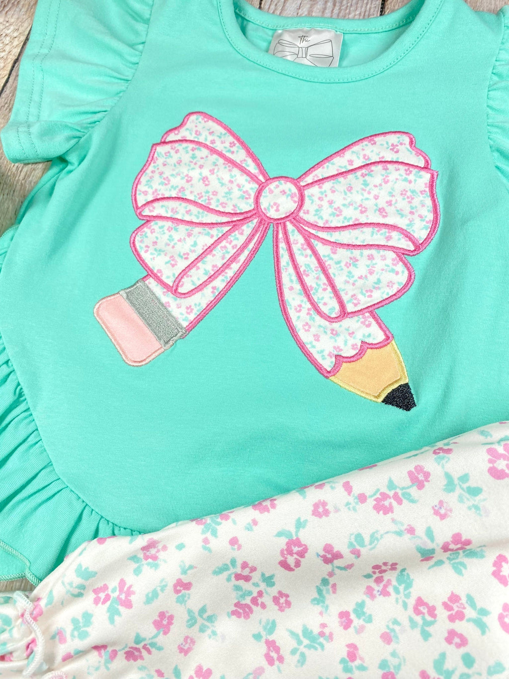 Mint Floral Bow Pencil Ruffle Shorts Set | Girls Back to School Outfit