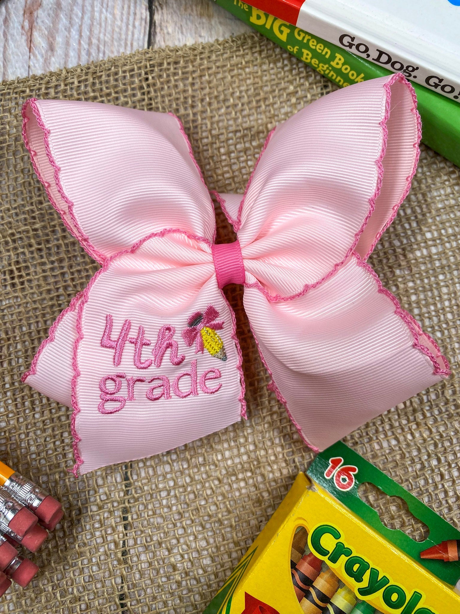 School Grade Embroidered Pencil Moonstitch Bow | Pre-K to 5th Grade